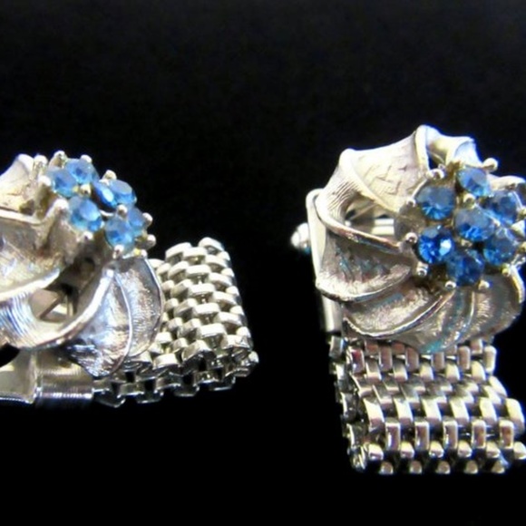 Vintage blue rhinestone silver tone ribbons unisex wrap cufflinks - Picture 4 of 7